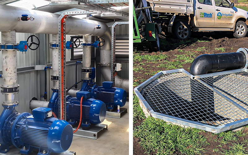 All pumps line up on a manufactured stainless steel common discharge manifold (left)